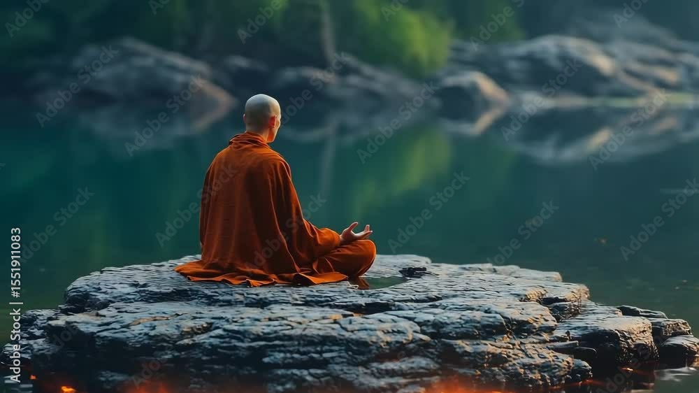 Monk in deep meditation on a floating rock above a serene lake Monk in deep meditation on a floating rock above a serene lake