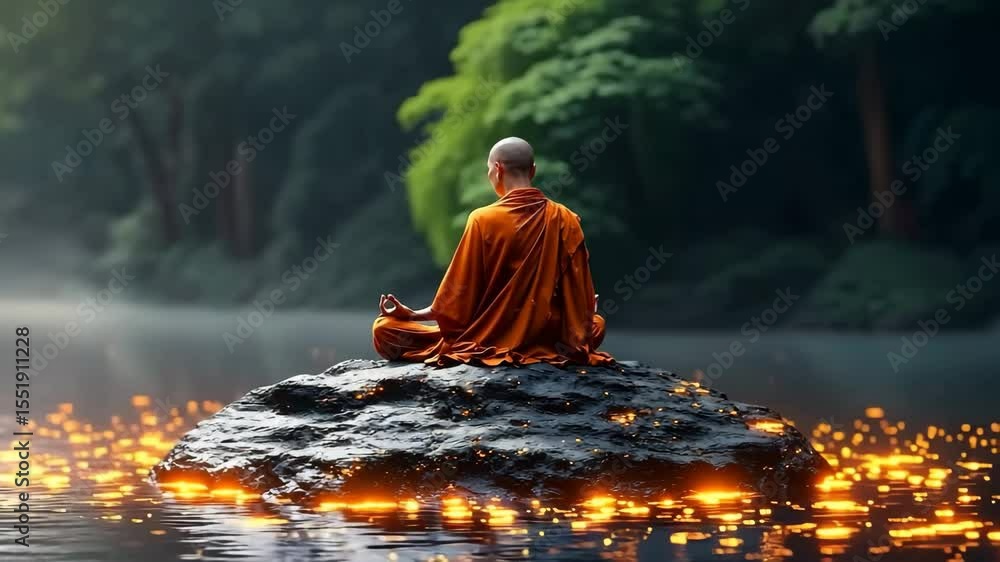 Monk in deep meditation on a floating rock above a serene lake Monk in deep meditation on a floating rock above a serene lake