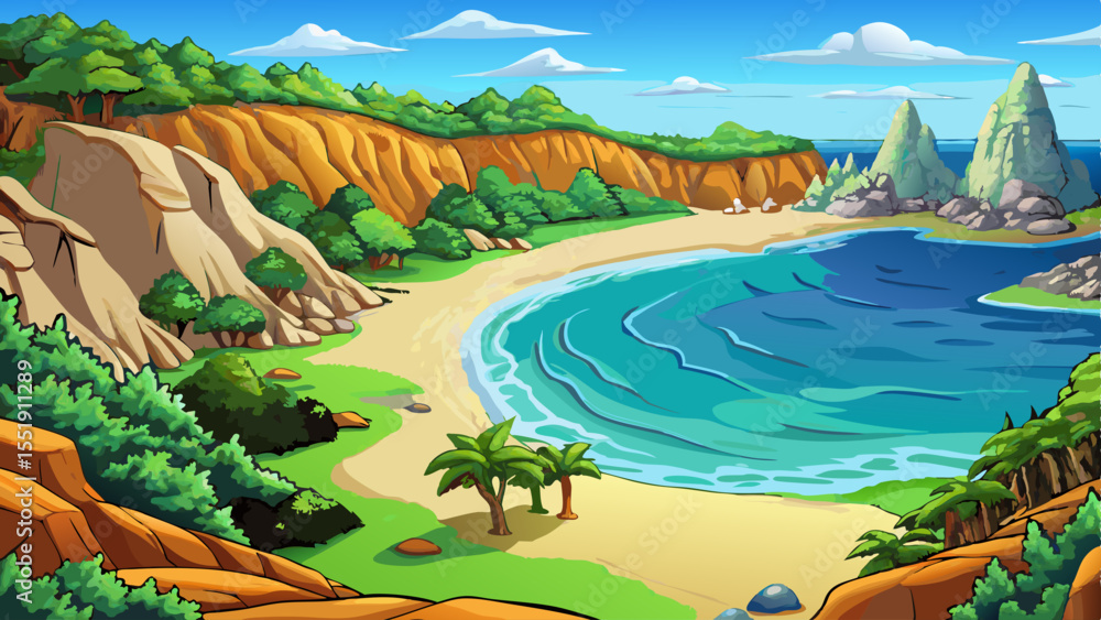 Wild untouched beach bordered by dense jungle cliffs vector cartoon, perfect for tropical paradise themes, adventure travel designs, and exotic nature scenes Wild untouched beach bordered by dense jungle cliffs vector cartoon, perfect for tropical paradise themes, adventure travel designs, and exotic nature scenes