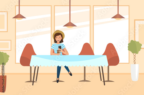 A girl is waiting for young people. Sitting in cafe, chatting and watching the smartphones.