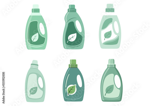 Flat vector illustration of eco-friendly detergent bottle with leaf icon, symbolizing sustainable cleaning products