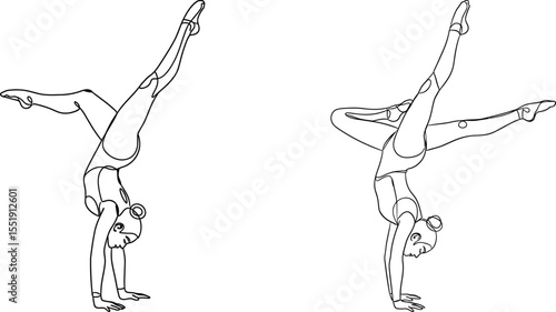 Continuous Line Art of Two Gymnasts Performing Handstands in Leotards Illustration