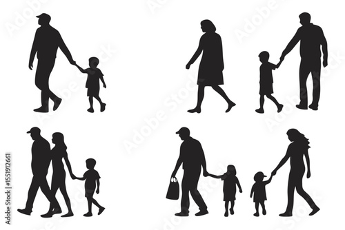 Family Silhouette Collection: A set of simple yet elegant silhouettes depicts family members, walking hand-in-hand, signifying togetherness and familial bonds. Capturing the essence of love and unity.