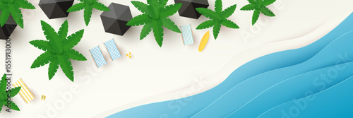 Summer, travel and holiday concept. Aerial view of sunbed, flip flops, beach ball, beach umbrella on sandy beach with copy space. Summertime background. Top view. Vector illustration