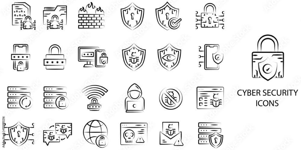 Cyber Security simple concept 24 hand drawn color icons set .Vector illustration. Cyber Security simple concept 24 hand drawn color icons set .Vector illustration.