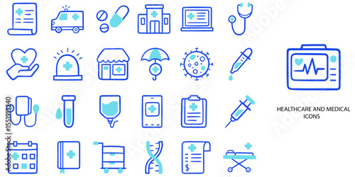 Healthcare and Medical simple concept 24 hand drawn color icons set .Vector illustration.	