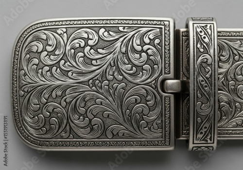 Engraved Silver Belt Buckle Detail. This elegant silver-toned buckle features detailed scrollwork and traditional craftsmanship, evoking a sense of heritage and timeless style.