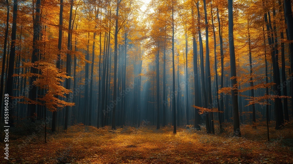 Obraz premium Sunbeams pierce misty autumn forest, illuminating golden leaves and tall trees.