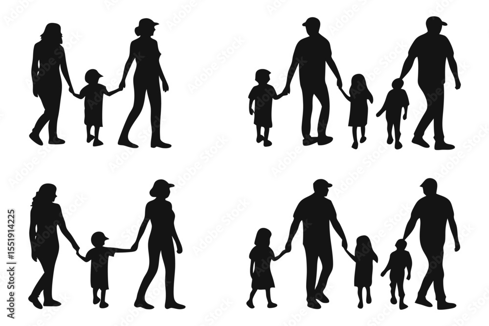 Obraz premium Family Silhouettes: A collection of four diverse family silhouettes, depicting parents and children holding hands and walking together.