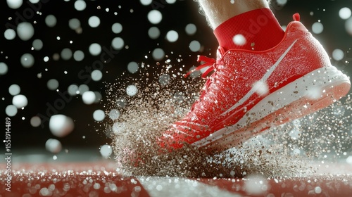 A red running shoe kicks up dirt and water on a track, capturing dynamic motion and energy in a close-up action shot.