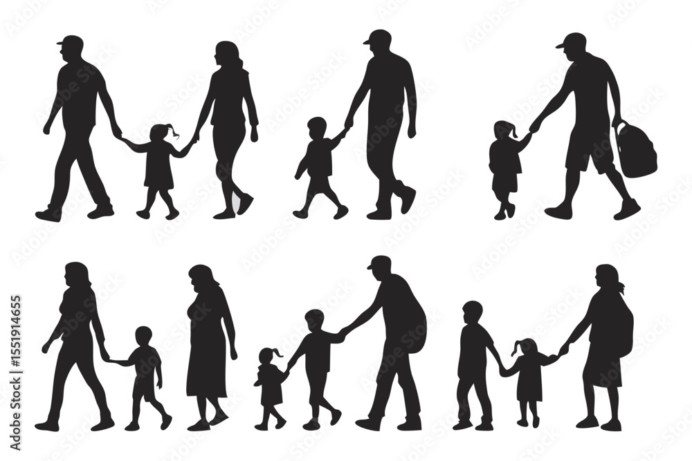 Obraz premium Family Silhouette: A series of silhouettes depicting families, walking hand-in-hand, captures the essence of familial bonds, and conveys a sense of unity.