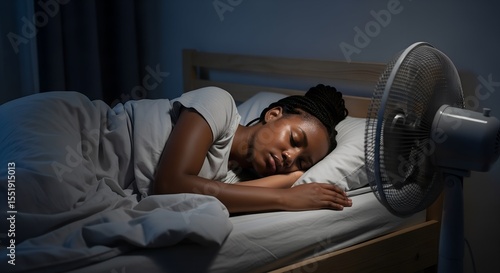 Young woman sleeping peacefully at night with fan blowing air. Concept of summer heat, nighttime cooling and bedroom comfort during hot weather.