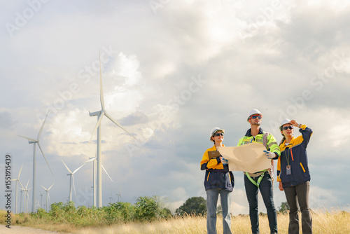 Male and female engineers team walk together wind farm standing tall against cloudy sky sharing ideas about renewable energy from the earth reviewing plans and collecting data on completed mission.
