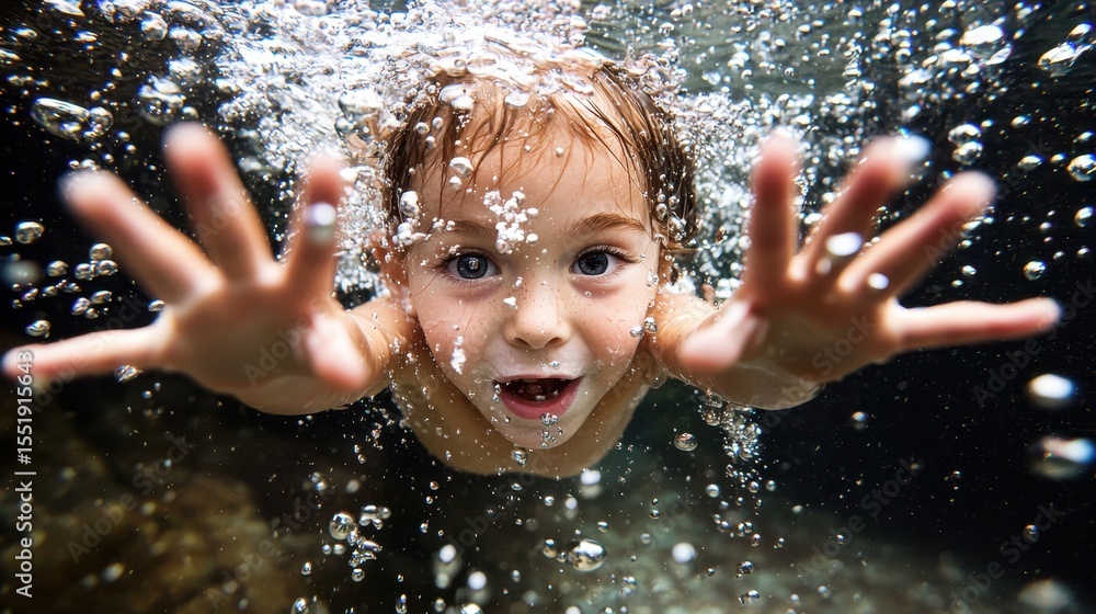 Fototapeta premium A young child swims underwater, reaching forward with bubbles surrounding their face and hands.