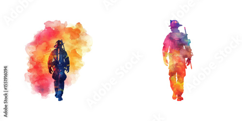 abstract color silhouette of firefighter watercolor vector illustration