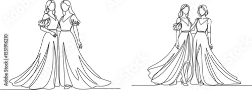Elegant Continuous Line Art of Two Women in Gowns for Fashion Illustration