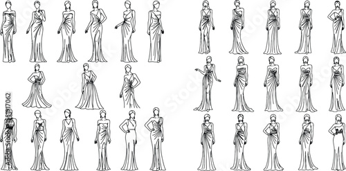Elegant Women in Evening Gowns Fashion Illustration Line Art Collection Formal Dresses
