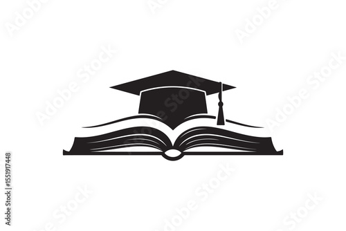 Graduation Cap on Book Silhouette Education Icon Book and Cap Vector