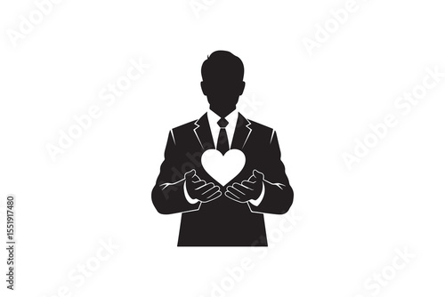 Man in Suit with Heart Symbol Silhouette Giving Love Black and White