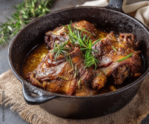 Shoulder of lamb braised in a cast iron skillet on a beige background with space for text