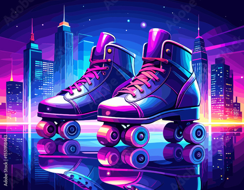 Pair of Roller Skates Reflecting Cityscape in Vibrant Pixel Art Retro Scene Featuring Purple Neon Glow and City Skyline at Dusk