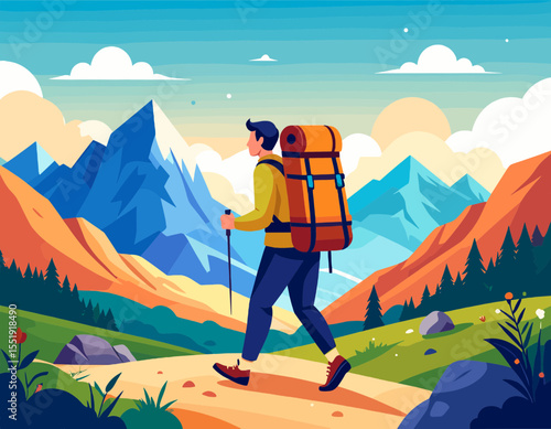Person Hiking with Orange Backpack Across Mountains with Blue Skies on a Sunny Day in Vector Illustration