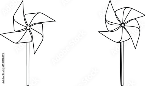 Illustration of Two Pinwheels on Sticks, Line Art Design, Simple Graphics