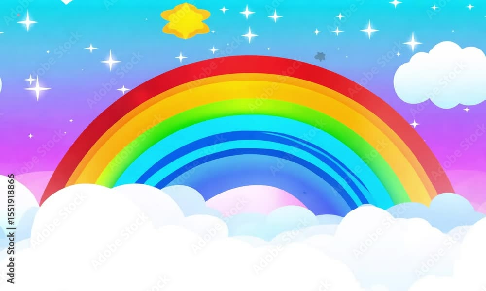 Colorful rainbow arched over fluffy clouds in a starry sky Colorful rainbow arched over fluffy clouds in a starry sky