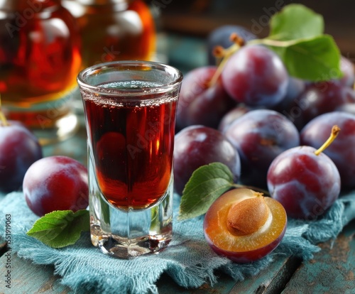 Homemade plum liqueur in a shot glass and fresh plums