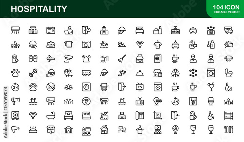 Professional Hospitality Icon Collection with Line Art Symbols for Hotels, Travel, Food Service, Customer Experience, and Tourism
