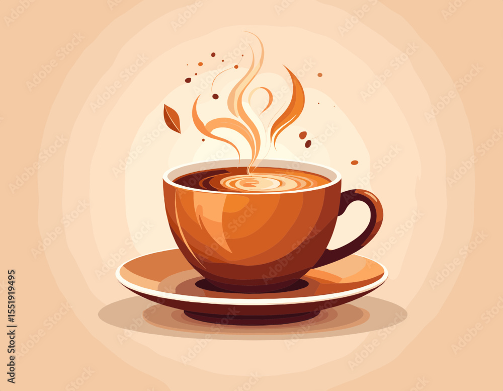 Obraz premium Pixel Art Style Hot Coffee Cup with Rising Steam on a Brown Saucer and Light Background