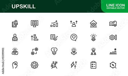 Upskill Line Icon Set – Modern, Minimal Outline Icons for Learning, Growth, Skill Development, Career Training, Coaching, Online Courses and Knowledge