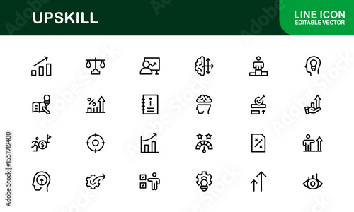 Upskill Line Icon Set – Modern, Minimal Outline Icons for Learning, Growth, Skill Development, Career Training, Coaching, Online Courses and Knowledge