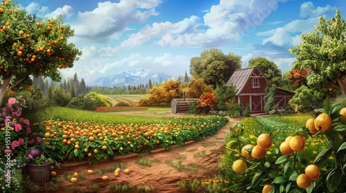 A vibrant landscape painting of an orange grove with a barn and mountains in the background view