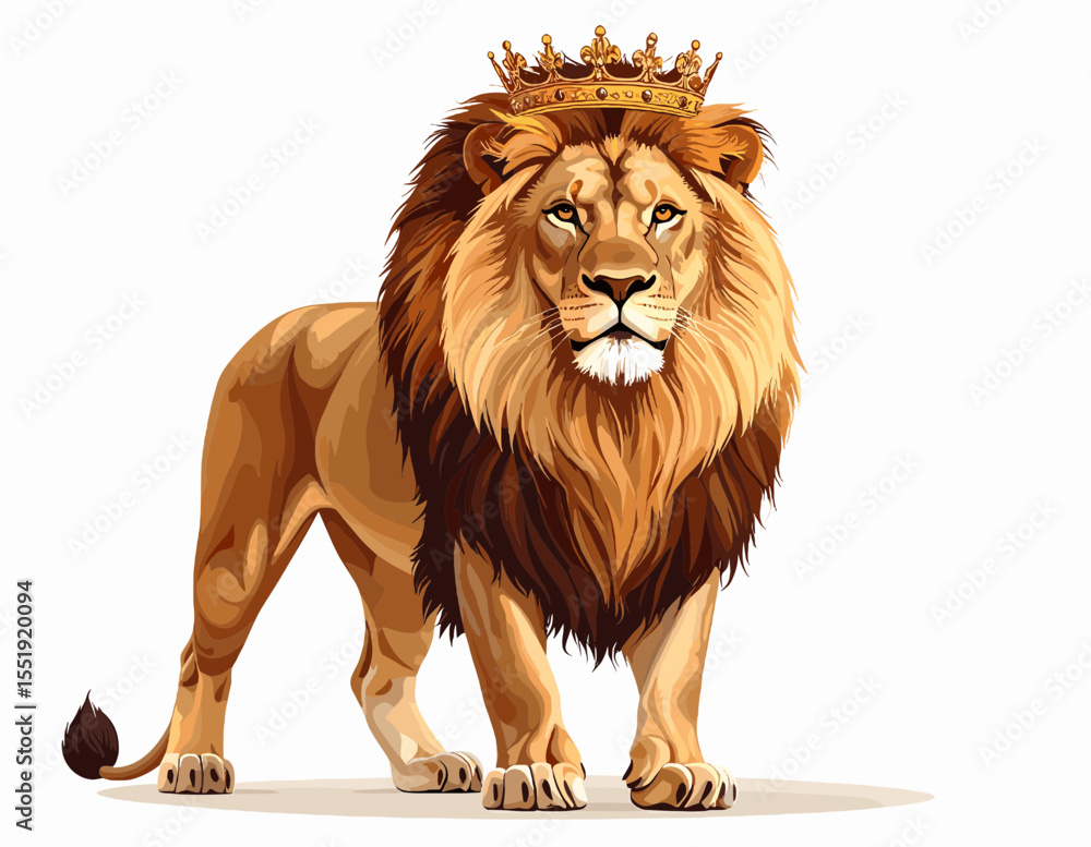 Obraz premium Pixelated Digital Art Depicting a Golden Lion Adorned with a Crown Standing Tall Against White Backdrop