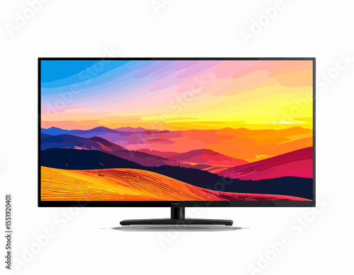 Pixelated Television Displaying a Sunset Landscape with Mountain Silhouettes and Gradient Sky on a White Background