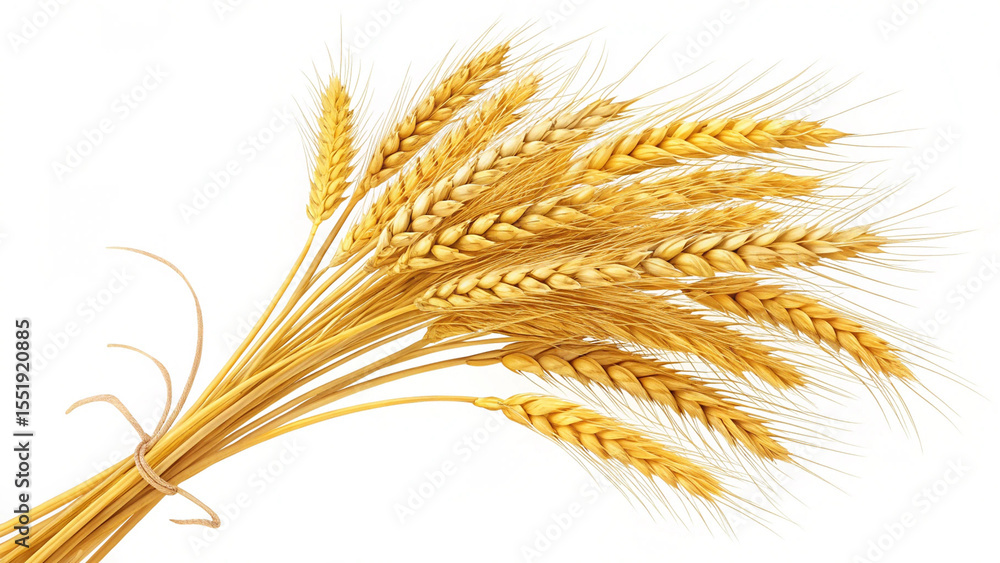 Fototapeta premium Golden ripe wheat stalks tied with twine on a clean white background