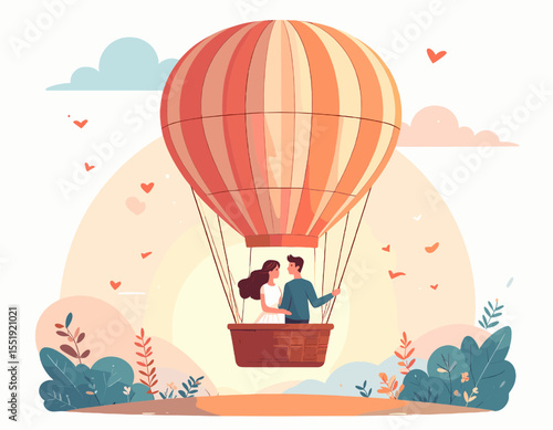 Romantic Couple Ascends in Striped Hot Air Balloon Amidst Whimsical Landscape and Cloudy Sky Illustration Vector