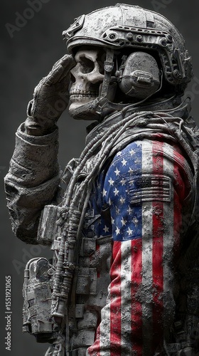 Skull soldier in military gear salutes with American flag colors in a dark environment