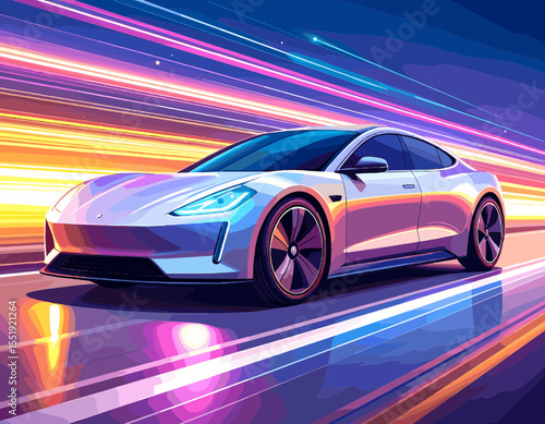 Silver Electric Car Speeding on Road with Abstract Light Streaks in Night Pixel Style