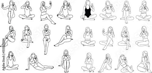 Line Art Women in Swimsuits Taking Selfies with Phones in Various Poses