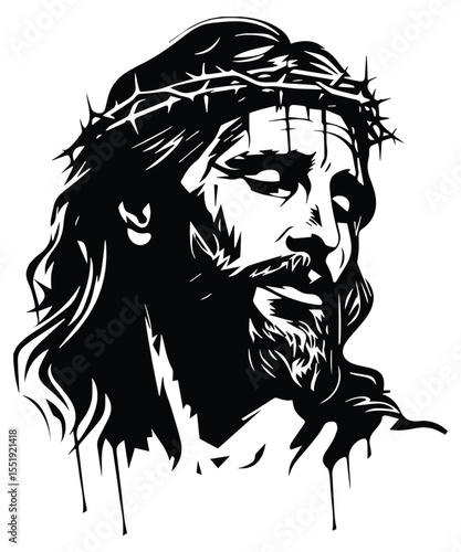 Jesus Christ with Crown of Thorns – Black and White Vector Portrait
