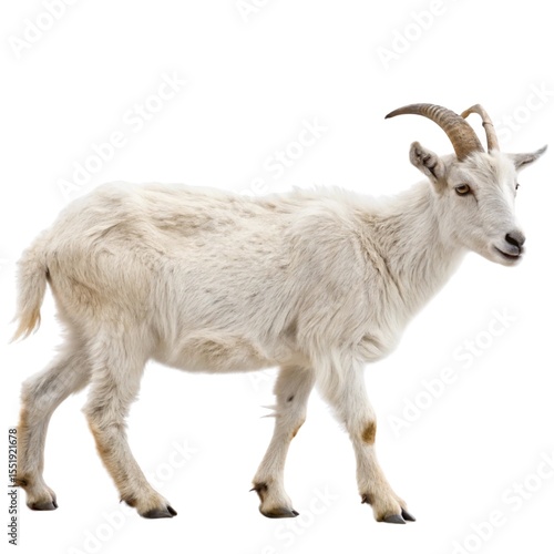 A domestic horned mammal, a brown goat with prominent horns, is isolated on a white background