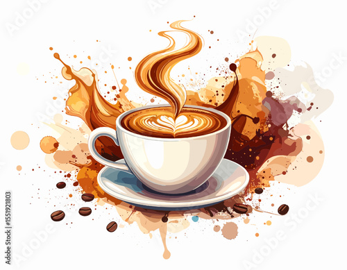 Stylized Coffee Cup with Latte Art on Plate Surrounded by Coffee Bean with Splashes in White Background