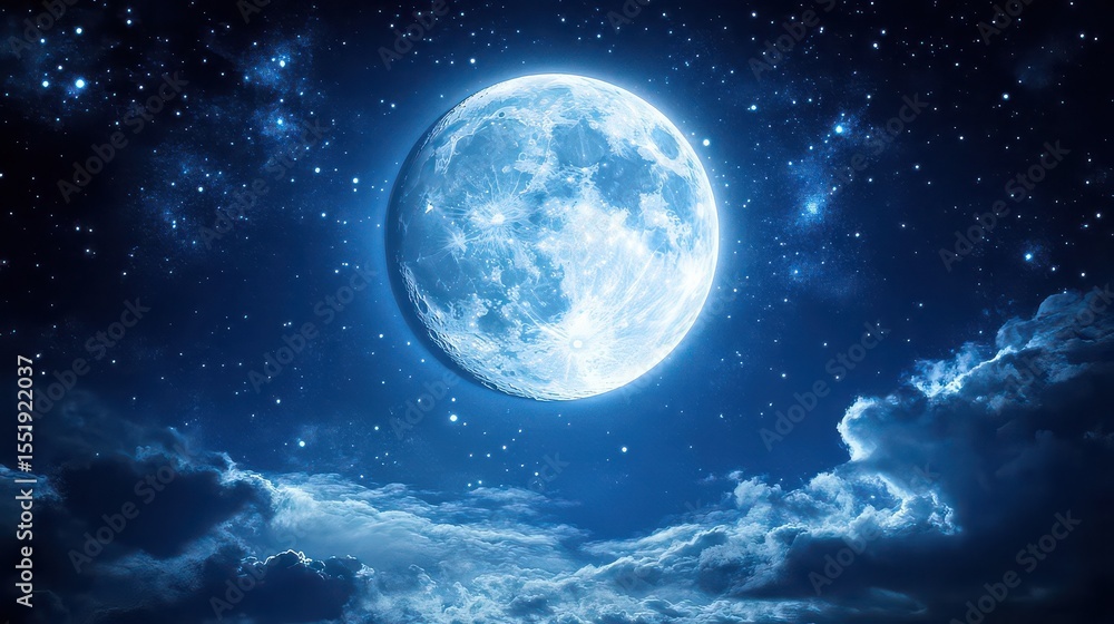 A bright full moon illuminating a dark blue night sky filled with stars and fluffy white clouds below A bright full moon illuminating a dark blue night sky filled with stars and fluffy white clouds below