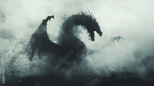 Dark Dragon Silhouette Rising from Smoke on Misty Battlefield
