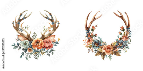 deer horn with flowers watercolor vector illustration