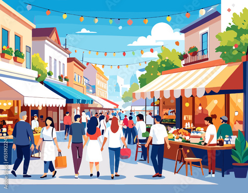 Vibrant City Street Market Scene with Crowds of People Shopping at Colorful Stalls Under a Bright Blue Sky Featuring Traditional Buildings