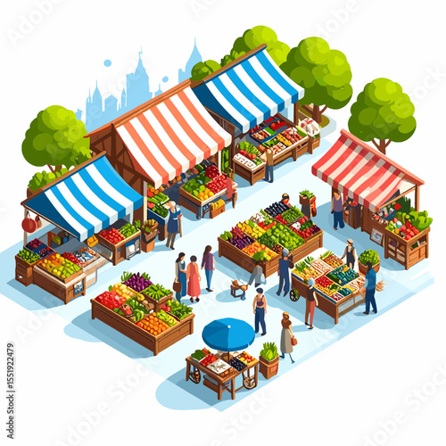 Vibrant Farmers Market with Colorful Stalls Selling Fresh Produce and Fruits Isometric Illustration with People in an Urban Outdoor Setting