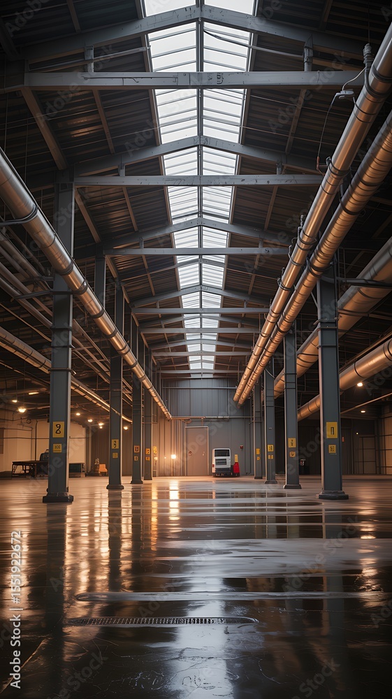 Empty Industrial Warehouse Interior Grey Metal Structure Reflective Floor 2 Empty Industrial Warehouse Interior Grey Metal Structure Reflective Floor 2